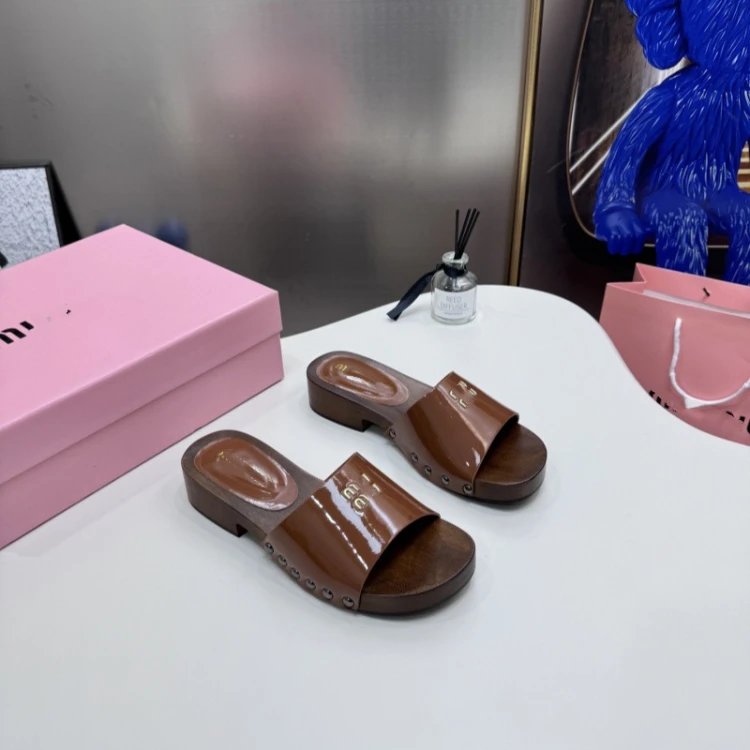 Miu Sandals Wooden Sole Studded Slide — SKU-04-Brown