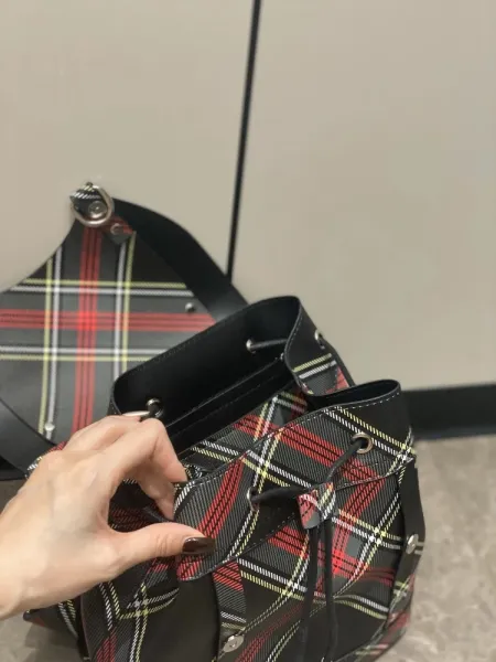 Vivienne Westwood Tartan Plaid Backpack with Orb Buckle Black Red Multicolor - 6