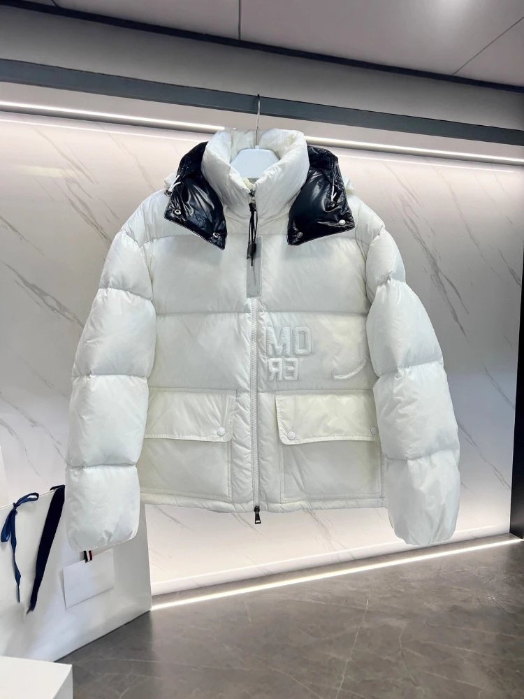 Unbranded Down Jackets Short Hooded Puffer Jacket with Flap Pockets — SKU-05-Black and White, No Dust Bag