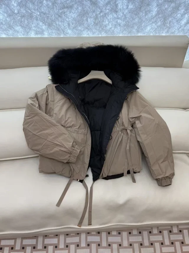 Unbranded Down Jackets Reversible fur-trim hooded puffer jacket with drawstring hem product detail image 4