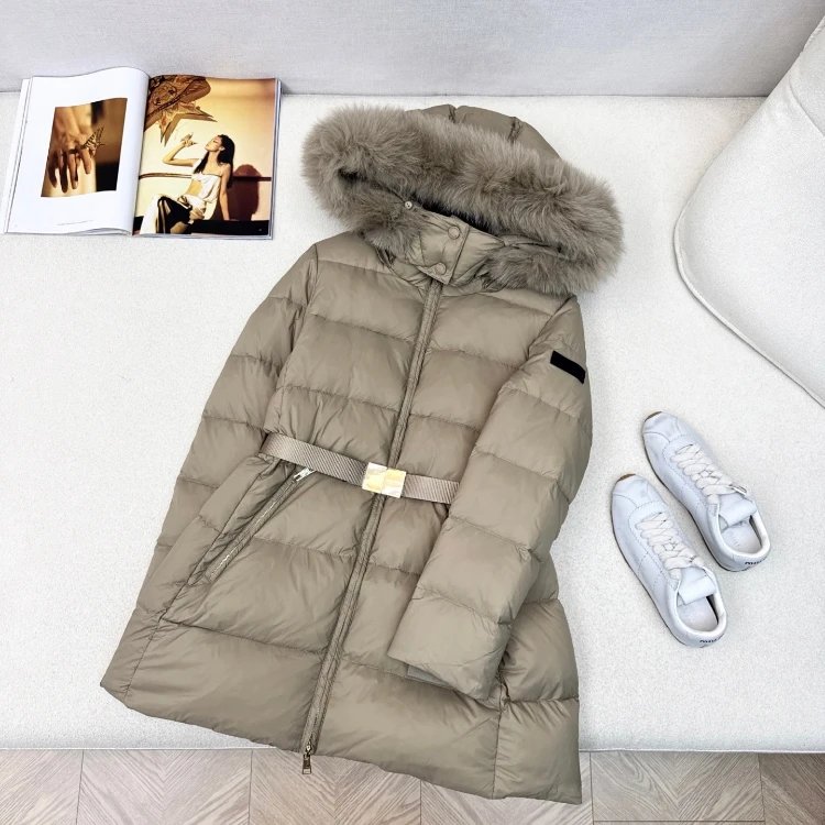 Unbranded Down Jackets Belted long puffer with fur-trim hood — Khaki