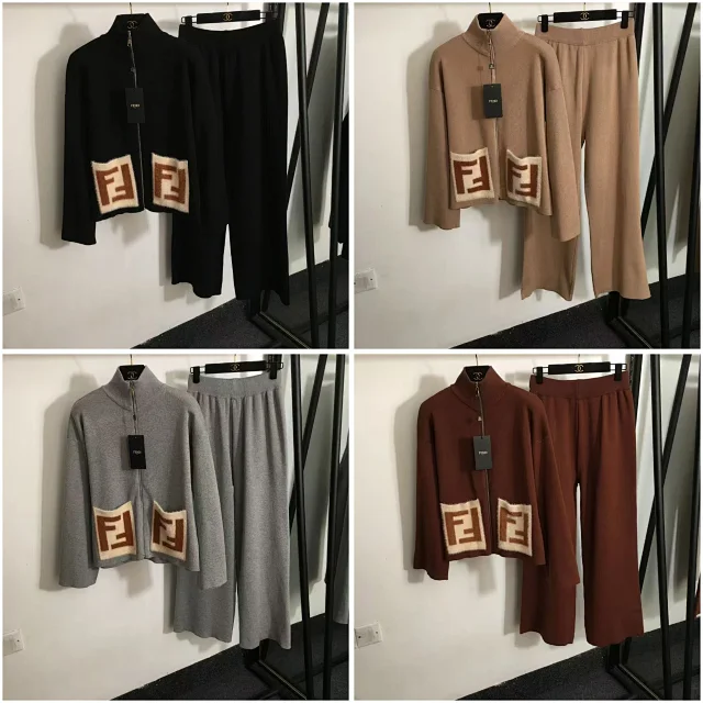 Fendi Matching Sets Knitted zip-up jacket and wide-leg pants set with FF pocket motifs product detail image 1