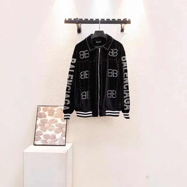 Balenciaga Jackets 5181 velvet baseball jacket with rhinestone logo product detail image 1