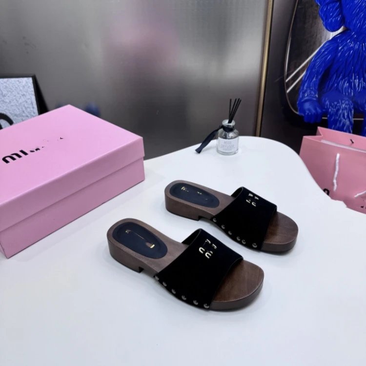 Miu Sandals Wooden Sole Studded Slide — SKU-03-Suede Black