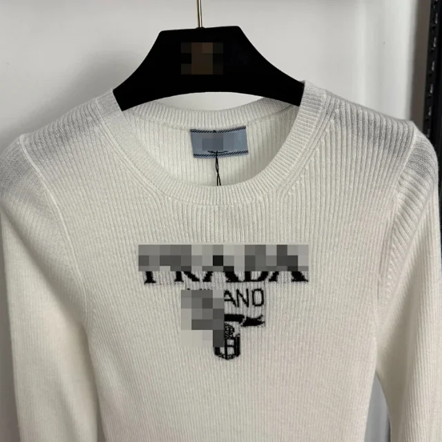Prada Knitwear Ribbed crew-neck long-sleeve logo knit top product detail image 2