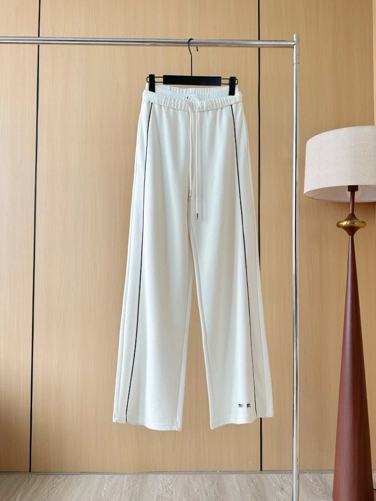Miu Trousers Wide-Leg Drawstring with Contrast Piping — white