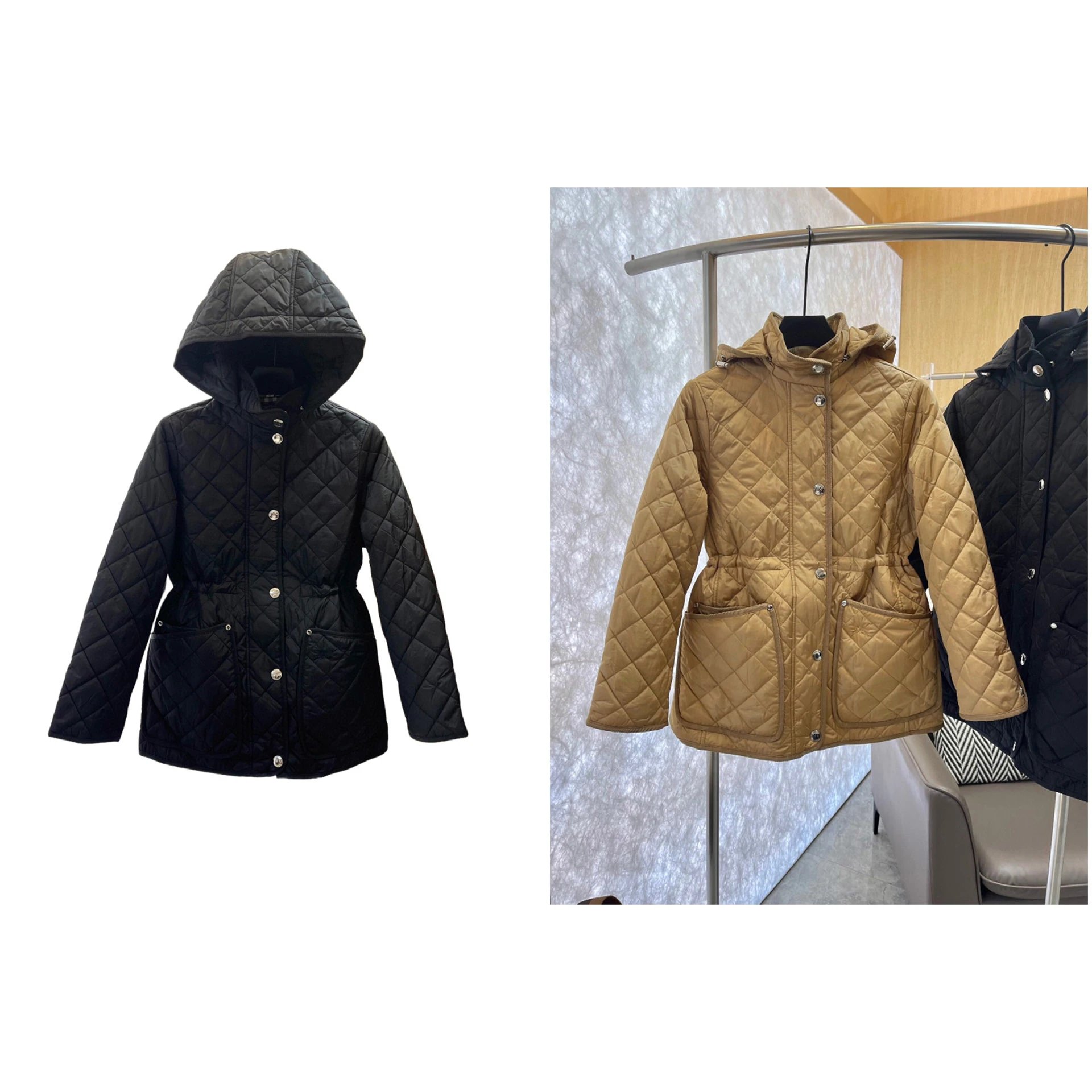 Drawstring Waist Diamond Quilted Hooded Jacket
