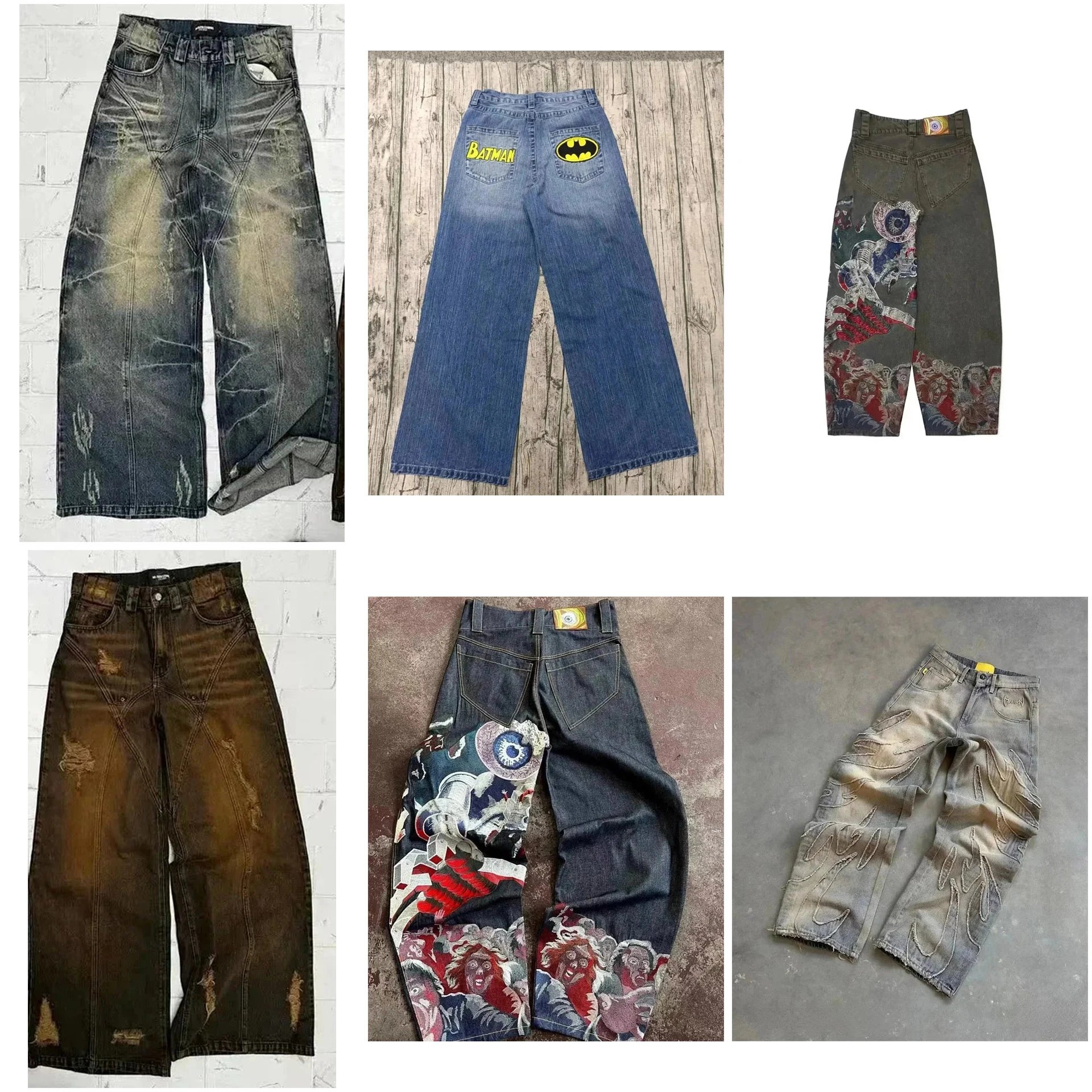 Vintage Style Graphic Print and Distressed Denim Jeans Collection - 008151