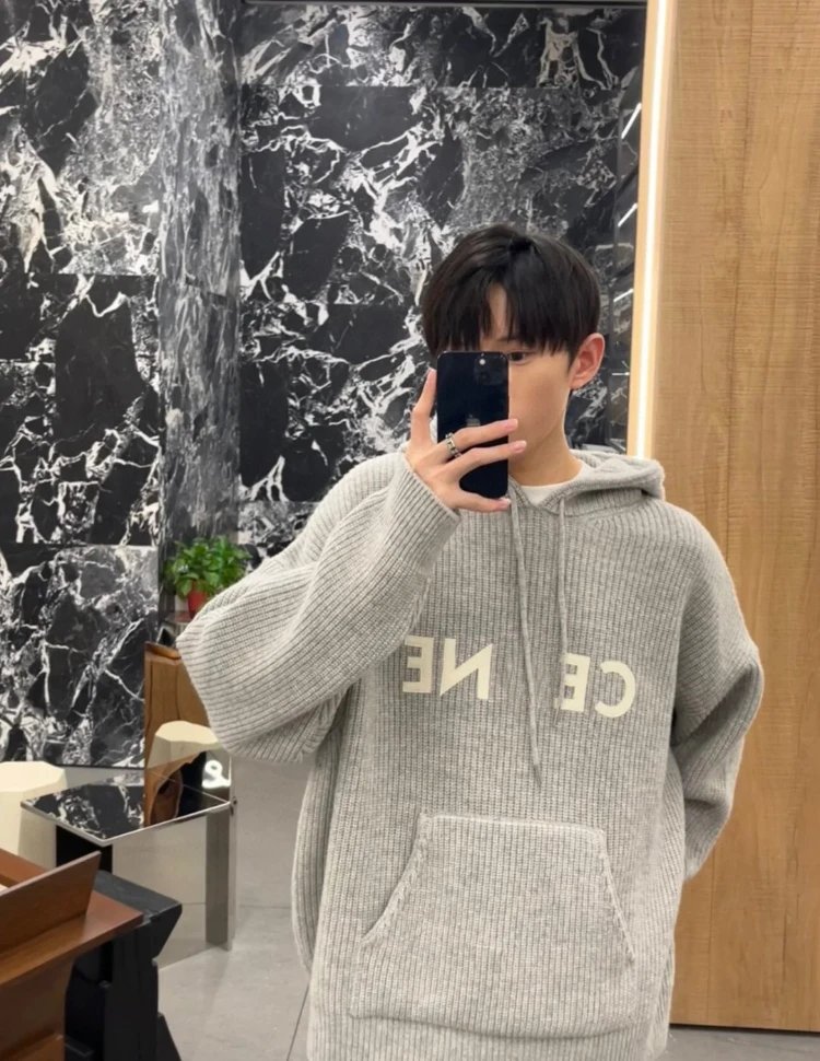 Celine Logo Hoodie Gray Knit Hoodie - 7