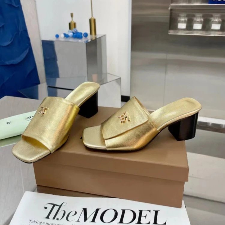 Burberry High Heels TB Monogram Block-Heel Mules — SKU-05-Golden