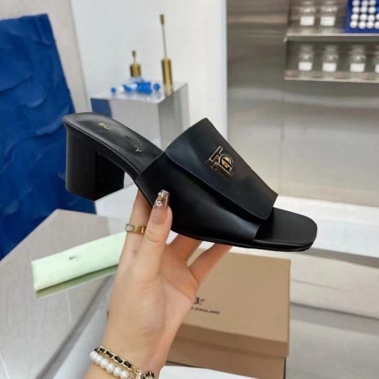 Burberry High Heels TB Monogram Block-Heel Mules — SKU-01-Black