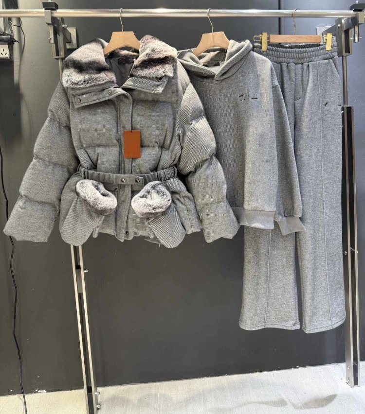 NYPY Matching Sets 5382 fur-trimmed belted puffer jacket, hooded top and wide-leg trousers set — gray