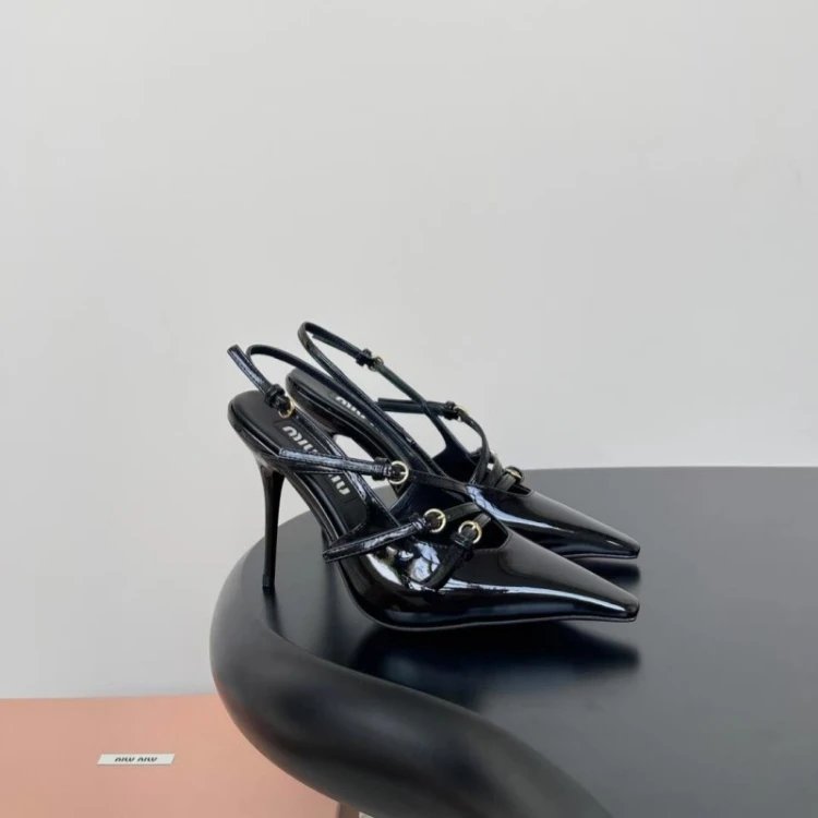 Miu High Heels Pointed-Toe Strappy Slingback Pumps — SKU-05-Black 9cm