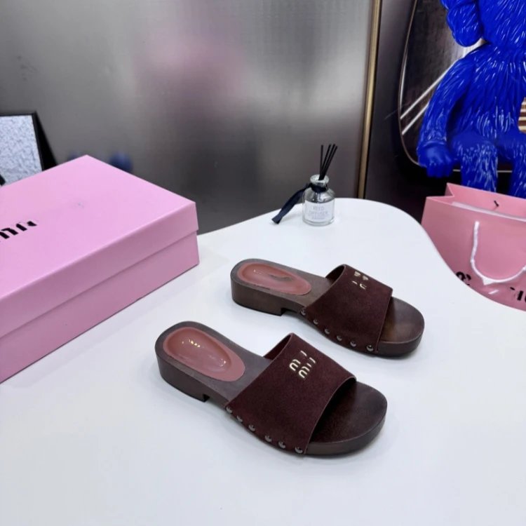 Miu Sandals Wooden Sole Studded Slide — SKU-02-Suede Burgundy