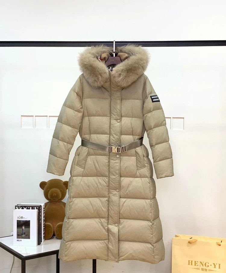 Unbranded Down Jackets Long belted hooded puffer with fur-trim hood — Khaki