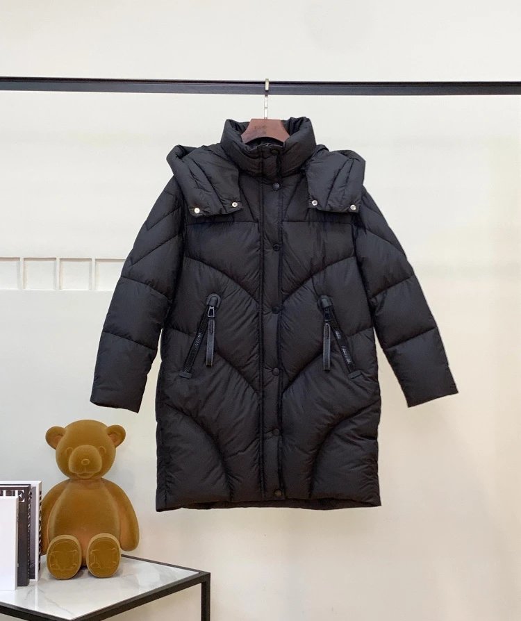 Unbranded Down Jackets Mid-Length Hooded Puffer with Chevron Quilting and Zip Pockets — Black