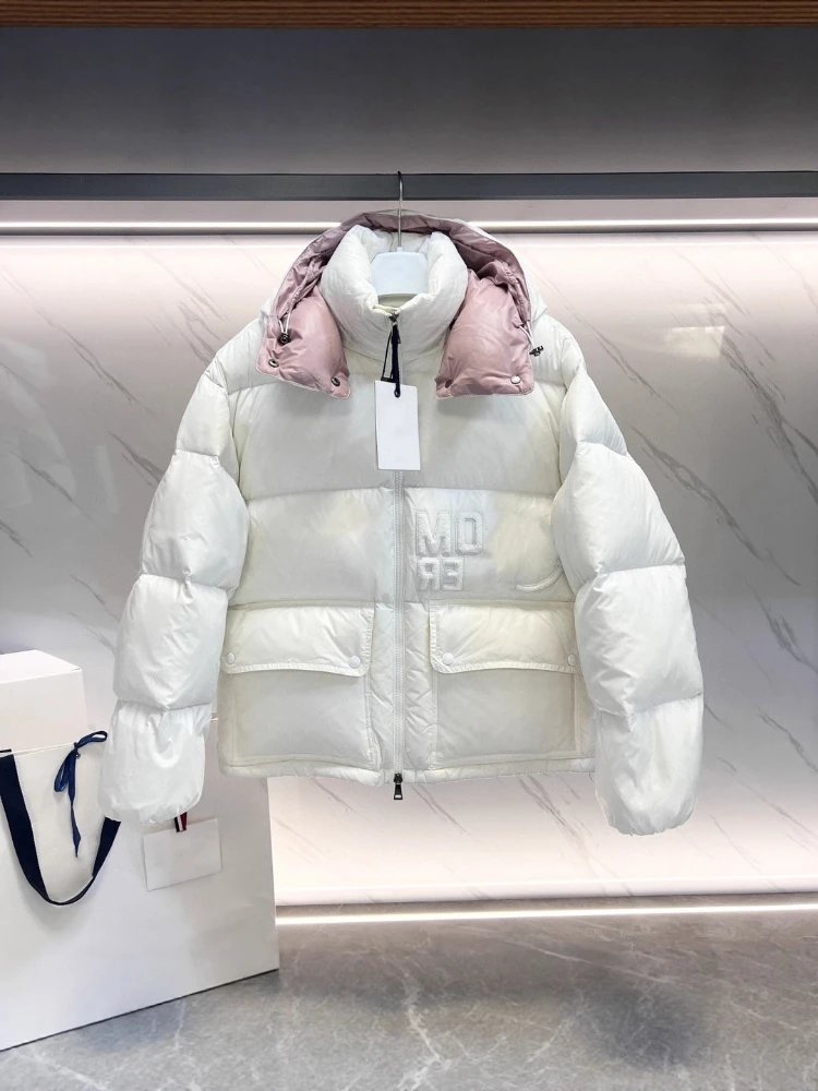 Unbranded Down Jackets Short Hooded Puffer Jacket with Flap Pockets — SKU-04-White and Pink, No Dust Bag