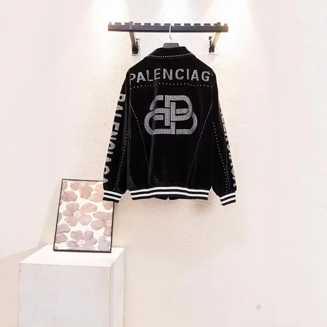 Balenciaga Jackets 5181 velvet baseball jacket with rhinestone logo product detail image 2
