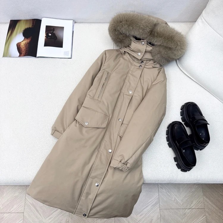 Unbranded Down Jackets Long hooded fur-trim puffer with flap pockets — Khaki