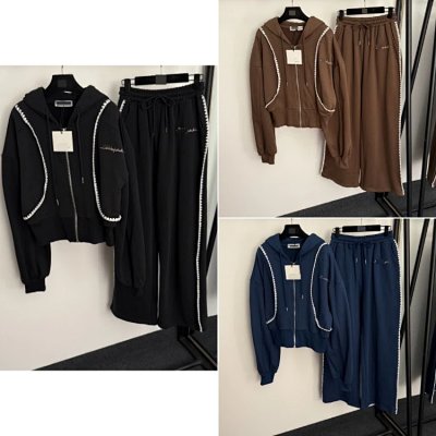 Unknown Brand Pearl-Trimmed Cropped Hoodie & Wide-Leg Jogger Set [3 styles]