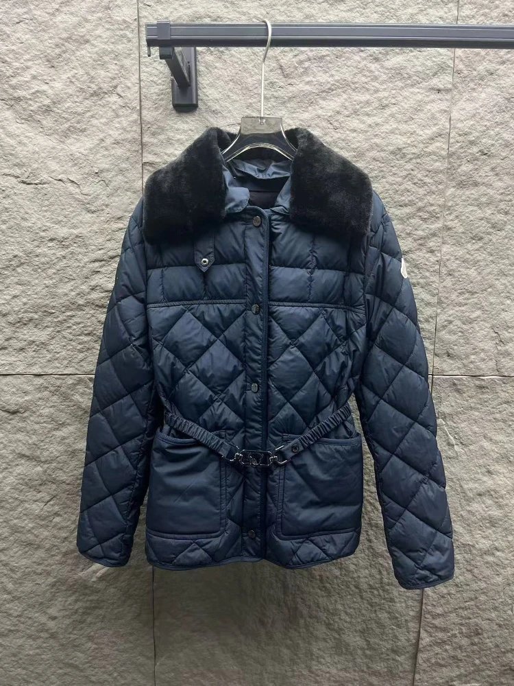 Unbranded Down Jackets Quilted belted jacket with faux-fur collar and patch pockets — Navy Blue