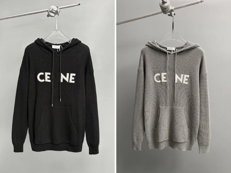 Celine Logo Hoodie Gray Knit Hoodie - 2