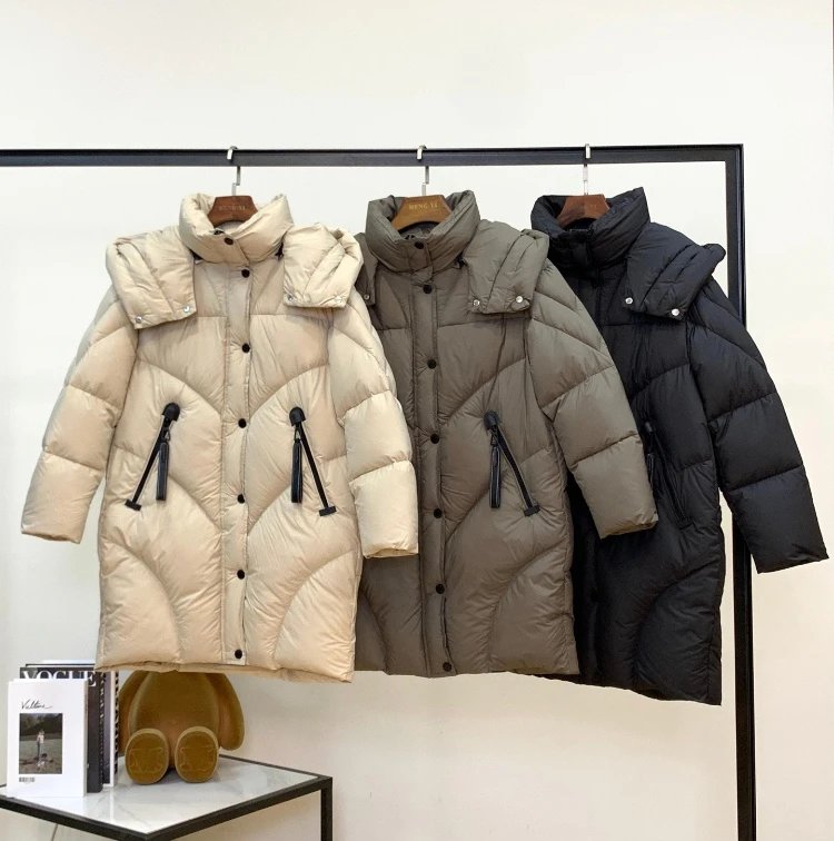 Wave Stitched Detachable Hood Mid-Length Down Coat