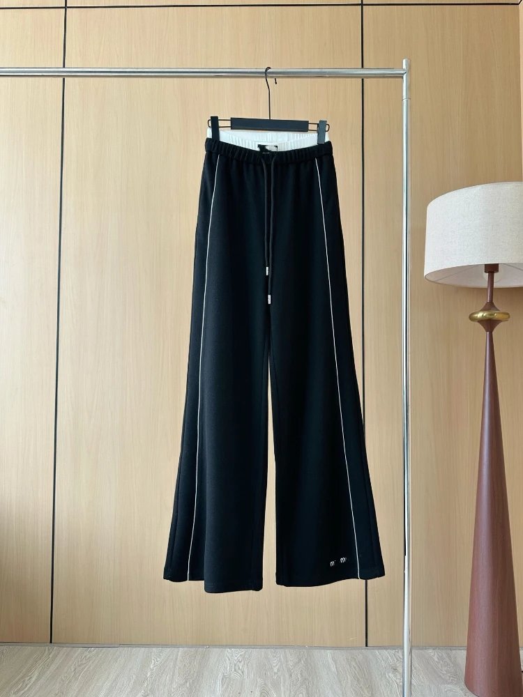Miu Trousers Wide-Leg Drawstring with Contrast Piping — Black