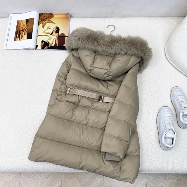 Unbranded Down Jackets Belted long puffer with fur-trim hood product detail image 5