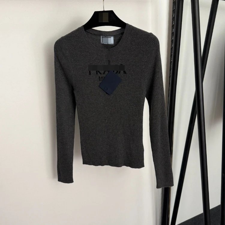 Prada Knitwear Ribbed crew-neck long-sleeve logo knit top — gray