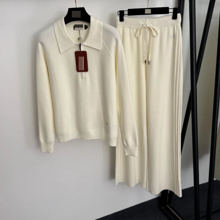 Unbranded Matching Sets 5406 collared half-zip knit top and drawstring wide-leg trousers — Cream