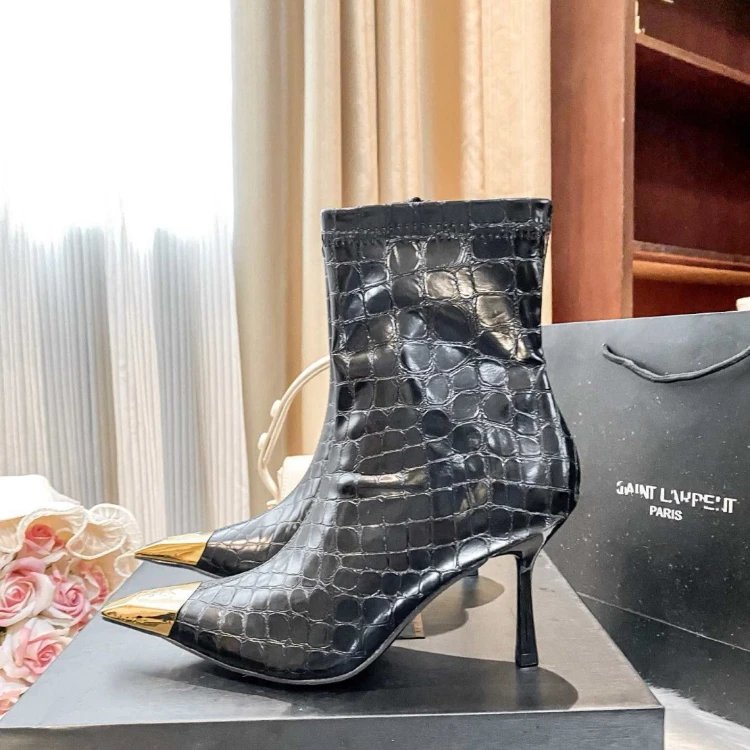 Saint Laurent Boots Side-Zip Ankle with Gold-Tone Toe Caps and Stiletto Heels — SKU-03-Crocodile Leather Black 8cm