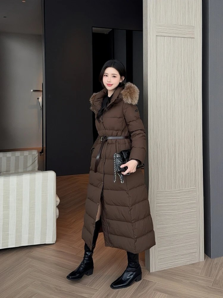 Unbranded Down Jackets Long Hooded Fur-Trim Belted Puffer — Coffee color