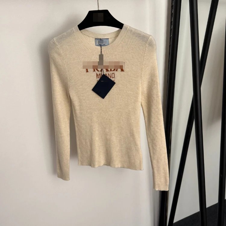 Prada Knitwear Ribbed crew-neck long-sleeve logo knit top — Apricot color