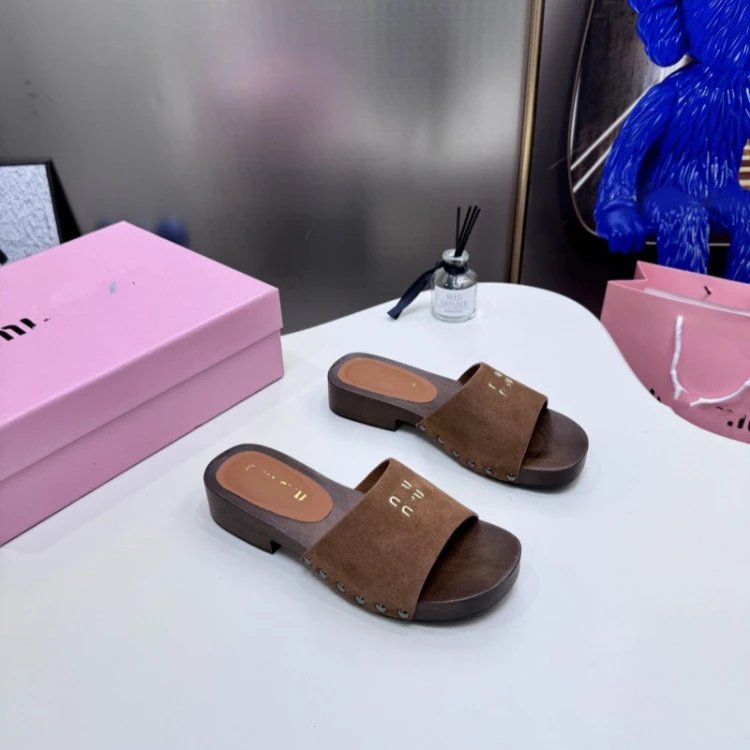 Miu Sandals Wooden Sole Studded Slide — SKU-01-Suede Brown