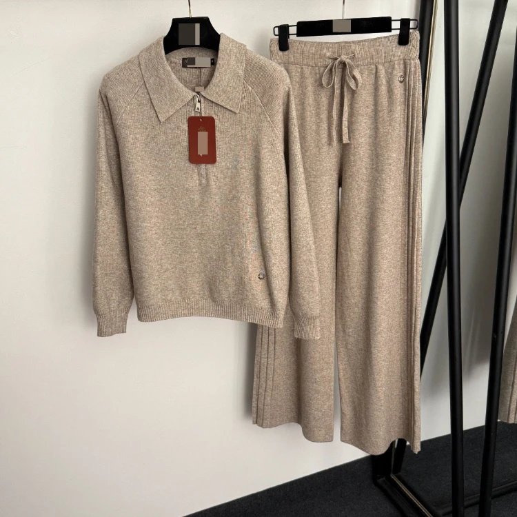 Unbranded Matching Sets 5406 collared half-zip knit top and drawstring wide-leg trousers — Khaki