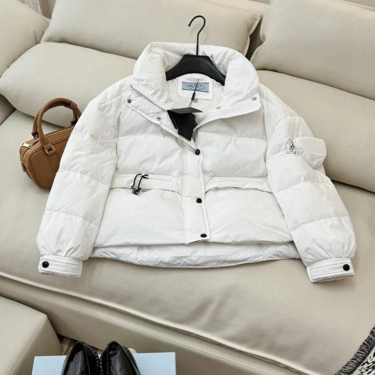 Unbranded Down Jackets AH609 Short Puffer Jacket with Stand Collar and Sleeve Pocket — white