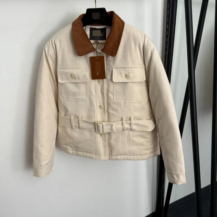 NYPY Jackets Belted jacket with corduroy collar and flap pockets — Off-white