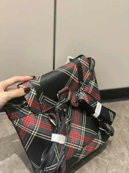 Vivienne Westwood Tartan Plaid Backpack with Orb Buckle Black Red Multicolor - 3