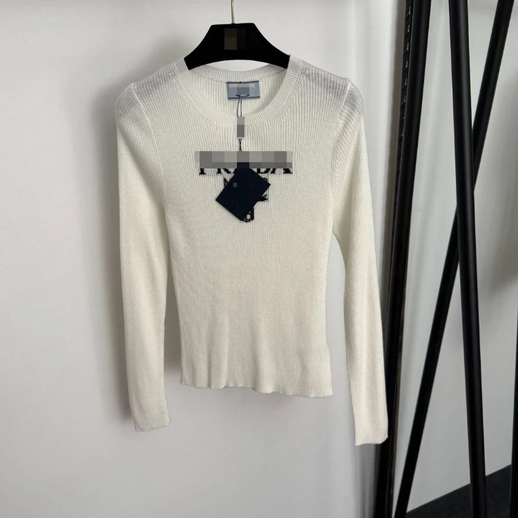 Prada Knitwear Ribbed crew-neck long-sleeve logo knit top — white
