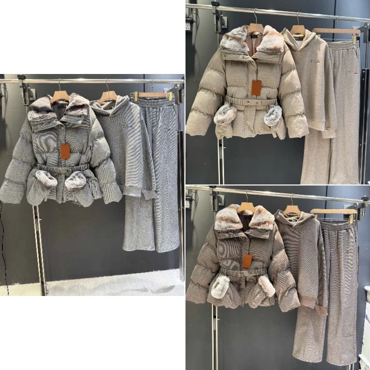 NYPY Matching Sets 5382 fur-trimmed belted puffer jacket, hooded top and wide-leg trousers set image 1