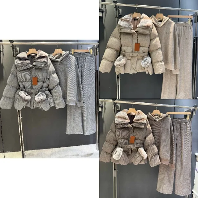 NYPY Matching Sets 5382 fur-trimmed belted puffer jacket, hooded top and wide-leg trousers set product detail image 1