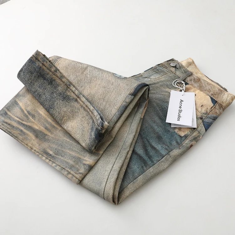 Denim Patchwork Bear Embroidery Greenish Blue Baggy Jeans