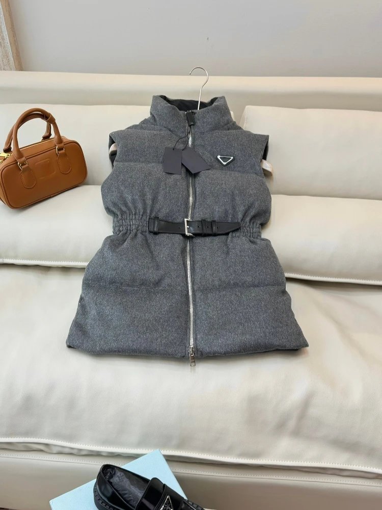 Prada Vests Belted stand-collar quilted puffer vest image 2