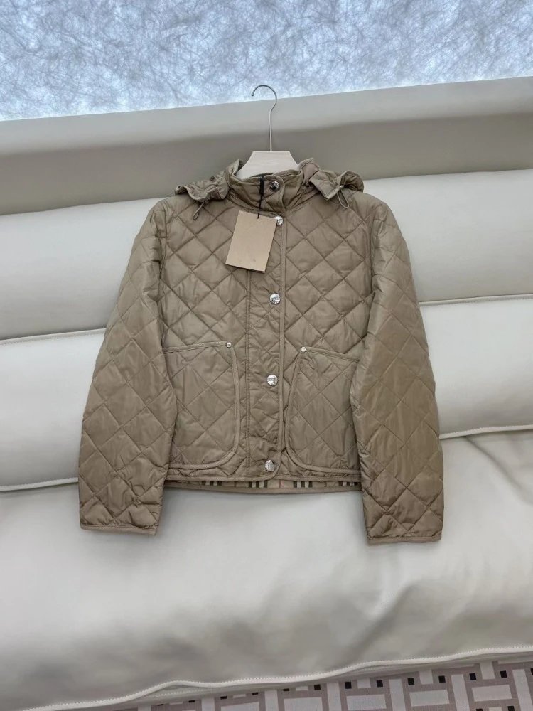 Burberry Down Jackets Hooded diamond-quilted jacket with snap pockets — Khaki