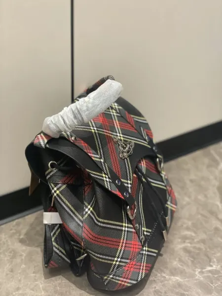 Vivienne Westwood Tartan Plaid Backpack with Orb Buckle Black Red Multicolor - 5