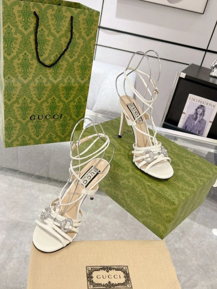 Gucci High Heels Strappy ankle-wrap stiletto sandals with crystal G detail image 5