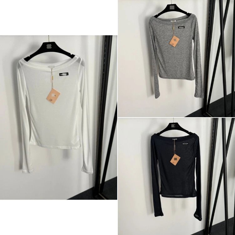 Miu Miu Label Slant Shoulder Cropped Long Sleeve Top