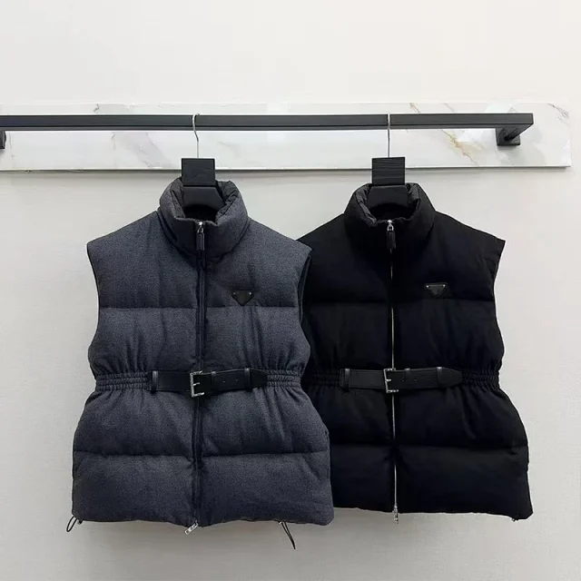 Prada Vests Belted stand-collar quilted puffer vest product detail image 1