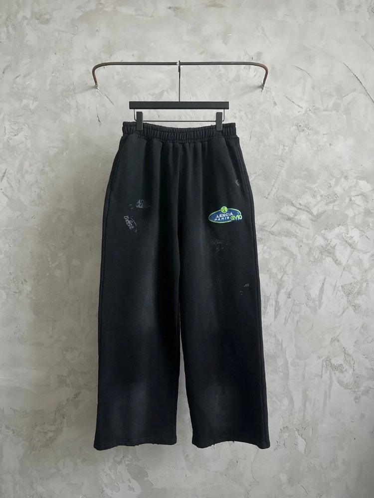 Unbranded Trousers Elastic-Waist Wide-Leg Embroidered Sweatpants — Black